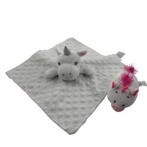 Elegant Baby Unicorn Security Blanket Lovey White Gray Minky Dot 11x11 & Rattle